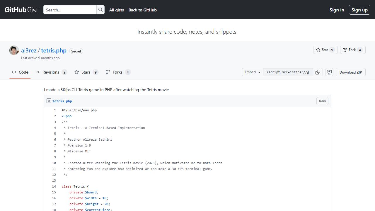 Tetris (PHP CLI) screenshot