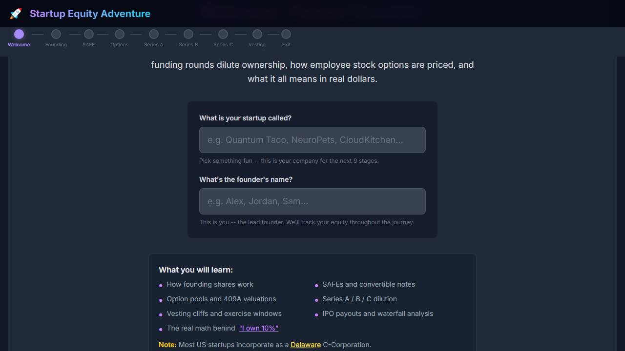 Startup Equity Adventure screenshot