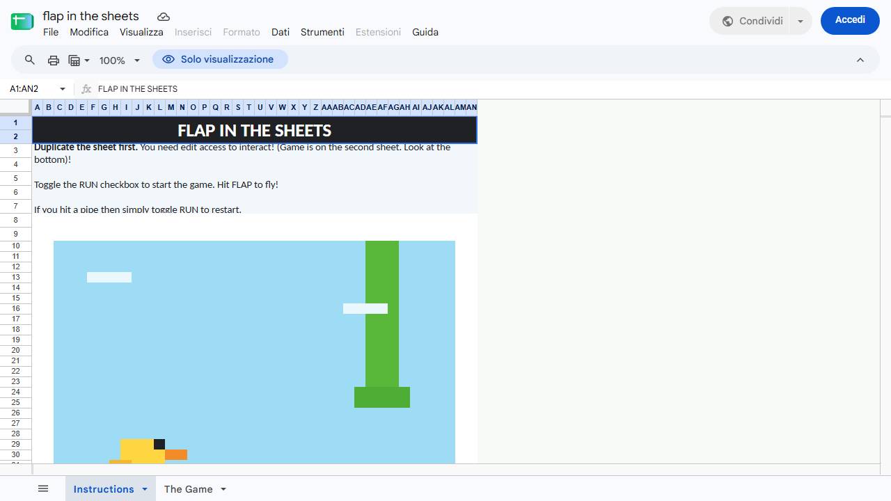 Flappy Bird in Google Sheets screenshot